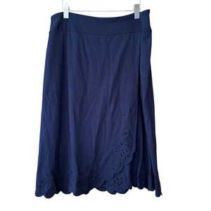 Talbots Petites Navy Blue Eyelet Hem Midi A Line Skirt Jersey Knit LP Large - Picture 1 of 5