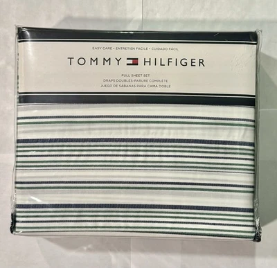 TOMMY HILFIGER Designer FULL Sheet Set Blue /Green Stripes NEW Cotton Blend - Image 1 of 3