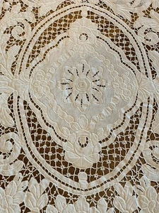 Antique Swiss German Schiffli Eyelet Lace Cotton Table Cloth Runner 48x15” Cream - Picture 1 of 15