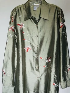 COLDWATER CREEK SAGE GREEN RAW SILK EMBROIDERED FLORAL TUNIC TOP BLOUSE L LARGE - Picture 1 of 3