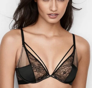 Victoria's Secret Very Sexy Unlined Plunge Bra 32DD Black Nude Lace - Picture 1 of 5