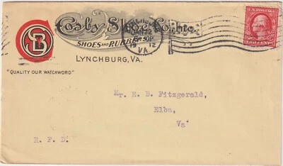 Lynchburg VA 旗帜 cl 黄色 env advt 插图 2 侧 Cosby Shoe Co 1912 (b250) — 第 1/2 张图片