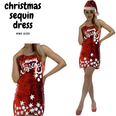 Womens Merry Christmas Sequin Dress Costume Xmas Party - image 1 of 2
