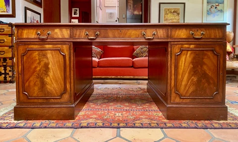 19th Century English Antique Mahogany Executive Partners Desk, Leather Top Cover