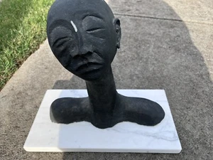 African Black Plastic Bust Statue Sculpture on Marble Base Sleepy Eyes Rare - Picture 1 of 15