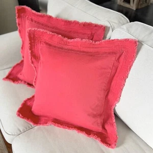 2 Pottery Barn Distressed Fringe Edge 18" Throw Pillow Cover Coral Red Textured - Picture 1 of 11