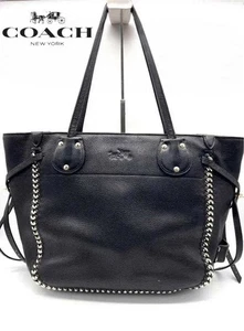 COACH Tote Shoulder Bag Medium Logo Leather Black Women's USED FROM JAPAN - Picture 1 of 10