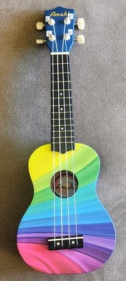 Rare! Amahi Ukelele w/Rainbow Colors Pattern Soprano 21" String Cord Labels VGC  - Image 1 of 4