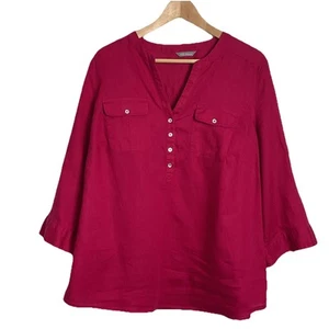 M&S Women's Linen Popover Blouse Size UK 20 22 Pink Summer Top Shirt 1/2 Button - Picture 1 of 12