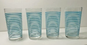 4er Set Vintage Mid Century Glas Becher Türkis Streifenmuster - Bild 1 von 6