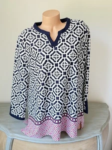 Kim Rogers XL Tunika Top Gitterprint marine rosa weiß Schlitz V-Ausschnitt pflegeleicht - Bild 1 von 12