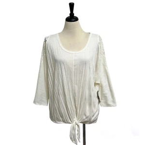 New Directions Ivory 3/4 Lace Dolman Sleeve Scoop Neck Tie Crinkle Top NWT Large - Picture 1 of 10