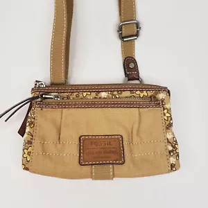 Borsa a tracolla in tela fossile piccola marrone chiaro cerniera gialla 2 sezioni tessuto floreale - Foto 1 di 12