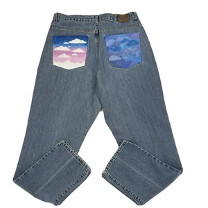 Vintage Calvin Klein Customized Sky & Clouds Blue Denim Jeans Relax Women’s 14 - Picture 1 of 24