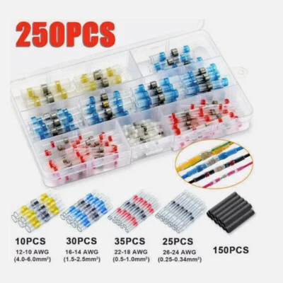VEICULOS 250PCSWaterproof Solder Seal Sleeve Heat Shrink Butt Wire Connectors Terminals