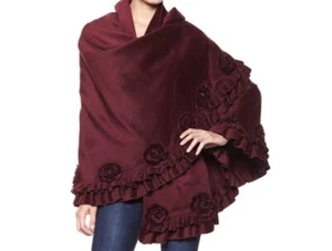 Adrienne Landau Merlot Ruffle Shawl Cape Wrap Ruana Poncho w/Faux Fur Rosettes - Picture 1 of 4