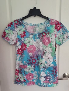 Med Couture Womens Size Small Floral Short Sleeves Front Pockets Ruffle Top - Picture 1 of 1