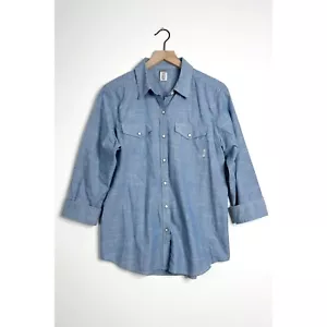 Camicia STIO Chambray Pearl Snap manica 3/4 top western blu taglia large - Foto 1 di 7