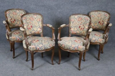 Set 4 French Louis XV Style Carved Walnut Needlepoint Upholstered Dining Chairs - Image 1 of 4