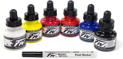 Daler-Rowney FW Acrylic Ink Bottle 6-Color Set -Calligraphy Ink for Color mixing