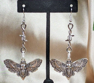 A21q Death's Head Hawkmoth Moth Barbwire Dangle Earrings Goth costuming jewelry - Picture 1 of 7