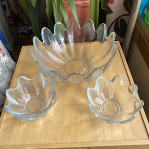 Blenko Crystal Clear Lotus Salad Bowl Blown Glass Flower 6143 Set Of 3 - Picture 1 of 8