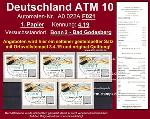 Bund ATM 10 selbstklebend / F021 / 1. Pap / 4.19 / Satz Voll-O 3.4.19 + AQ Bonn - Bild 1 von 2