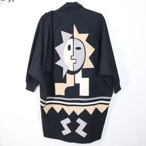 Vtg Osgood Smuk Coat OS Black Wool Cream Gray White Suede Tribal Scarf Oversized - Picture 1 of 22