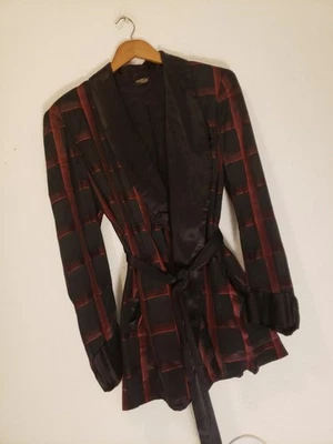VTG 40s 50s Black Red Plaid Knotted Tassel Satin Smoking Jacket Mens As Is - Image 1 of 4