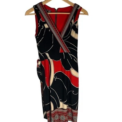 Muse Black Red Beige Greek Key Print Sleeveless Wrap Style Sheath Dress Size 2 - Image 1 of 4