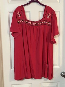 Woman Within 3X 30/32 Hot Pink Fuchsia Short Sleeve Embroidered Square Neck - Picture 1 of 19