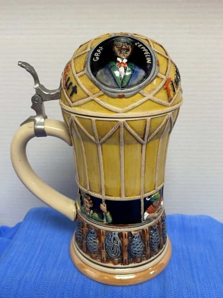 Vintage Corzelius West German Stein - 11” -Graf Zeppelin Yellow Hot Air Balloon - Image 1 of 4