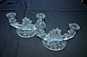 Vintage FOSTORIA CRYSTAL CHINTZ DOUBLE CANDLESTICKS HOLDERS PR ELEGANT BEAUTIFUL - Picture 1 of 12