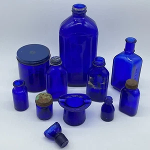 Lot of 11 Blue Cobalt Glass Bottles Ashtray Topper Ayer's Vicks Phillips & More! - Picture 1 of 11