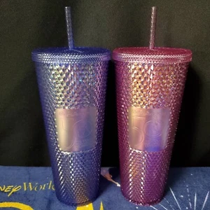 Pink Blue 2022 Disney World 50th Iridescent Starbucks Studded Tumbler Set Bling - Picture 1 of 3