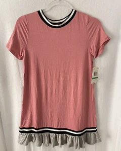 GB Mädchen Shirtkleid L Rosa B&W Besatz Grau Rüschensaum Kurzarm Neu - Bild 1 von 8