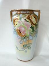 Antique Nippon Vase Hand Painted Roses Handles Moriage Enamel Beading Jewels 10