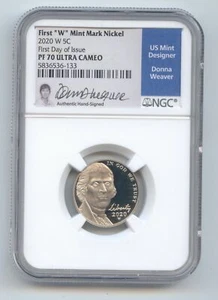 2020-W Proof Jefferson Nickel, NGC PF-70 Ultra Cameo, First Day of Issue, Weaver - Picture 1 of 2