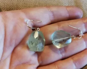 Natural Green Fluorite Facet briolette pear drop dangle solid gold earrings - Picture 1 of 6