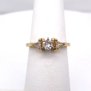 14K YELLOW GOLD DIAMOND ROUND & TRILLION ENGAGEMENT SOLITAIRE RING SIZE 4.5  - Picture 1 of 7