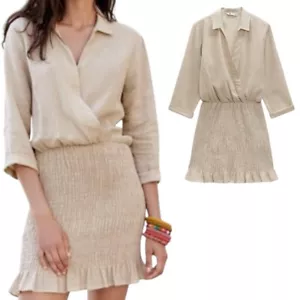 Zara Mini Dress Beige Tan Ruched Ruffle 3/4 Sleeve V Neck Wrap Tailored Size XS - Picture 1 of 10