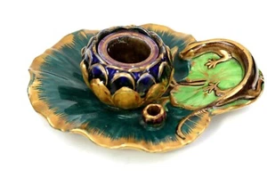 Majolica Pottery Inkwell Lizard on Leaf Design Circa 1870 - Picture 1 of 11