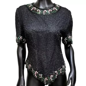 Vintage 80s Laurence Kazar PXL Silk Beaded Sequin Black Red Candy Cane Christmas - Picture 1 of 8