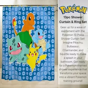 Juego de ganchos para cortina de ducha de tela Pokémon de 13 piezas 70”x72” / Pikachu Squirtle / NUEVO - Imagen 1 de 7
