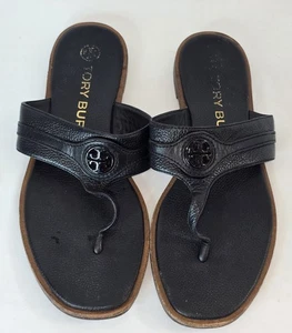 Tory Burch Carson Riemen-Welt flache Sandalen Leder Logo schwarz Größe 7,5M - Bild 1 von 10