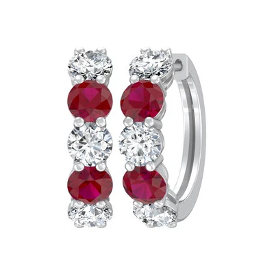 Natural Ruby & Lab Grown Diamond Hoop Earrings 10K White Gold 1.84gm - Image 1 of 4