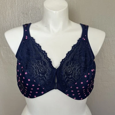 Sujetador Glamorise Cierre Frontal WonderWire Estampado Azul Marino Talla 44DD Azul Marino Rosa Lunares Foto 1 de 4