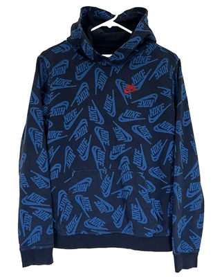 Boys Nike Club Fleece Hoodie XL Sweatshirt Allover Swoosh Print Blue Fleece Logo - Image 1 of 4