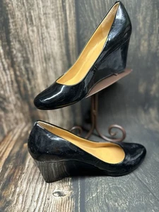J. Crew Sylvia Pump Women Sz 9 Black Faux Patent Leather Slip On Wedge Heel Shoe - Picture 1 of 5