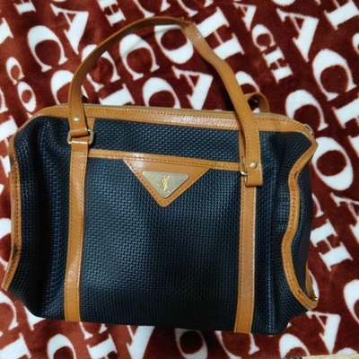 Yves Saint Laurent Navy Brown Nylon Leather Tote Bag Logo Double Zipper Used - Image 1 of 4